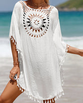 Paréo de plage bohème en crochet léger femme avec détails à pompons