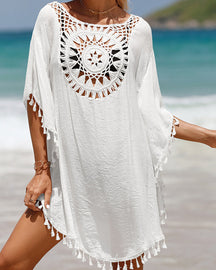 Paréo de plage bohème en crochet léger femme avec détails à pompons