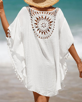 Paréo de plage bohème en crochet léger femme avec détails à pompons