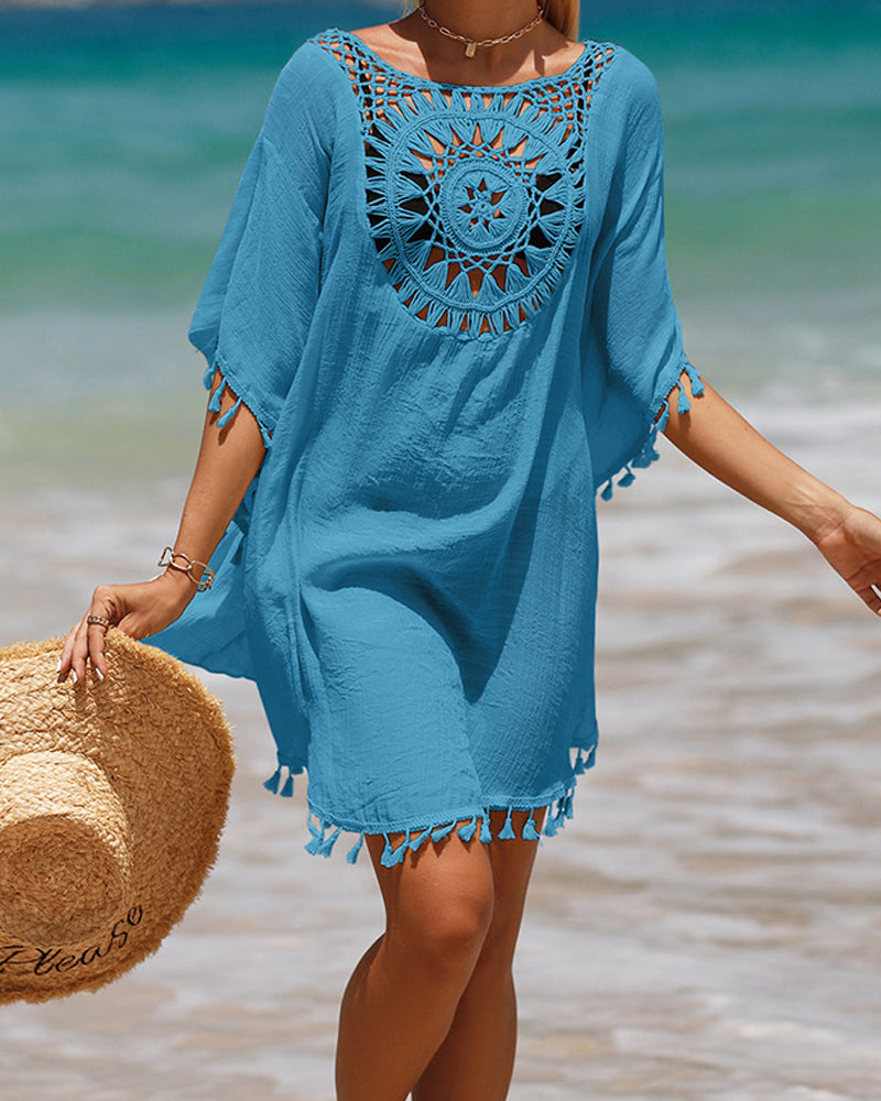 Paréo de plage bohème en crochet léger femme avec détails à pompons
