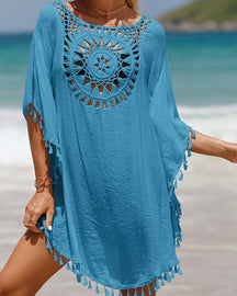 Paréo de plage bohème en crochet léger femme avec détails à pompons