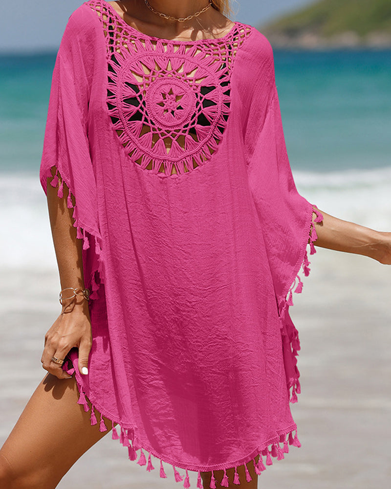 Paréo de plage bohème en crochet léger femme avec détails à pompons