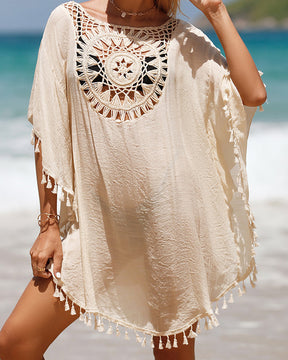 Paréo de plage bohème en crochet léger femme avec détails à pompons