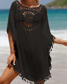 Paréo de plage bohème en crochet léger femme avec détails à pompons