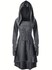 Robe de Costume Médiévale pour Femmes - Look Gothique avec Capuche et Lacets