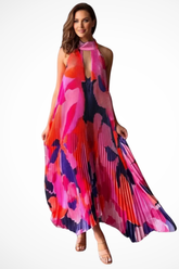 Robe Maxi Halter Élégante | Motif Multicolore et Plissé