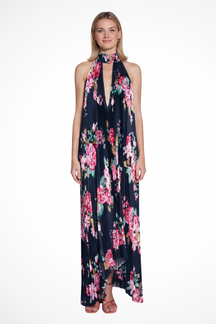 Robe Maxi Halter Élégante | Motif Multicolore et Plissé