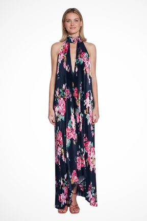 Robe Maxi Halter Élégante | Motif Multicolore et Plissé