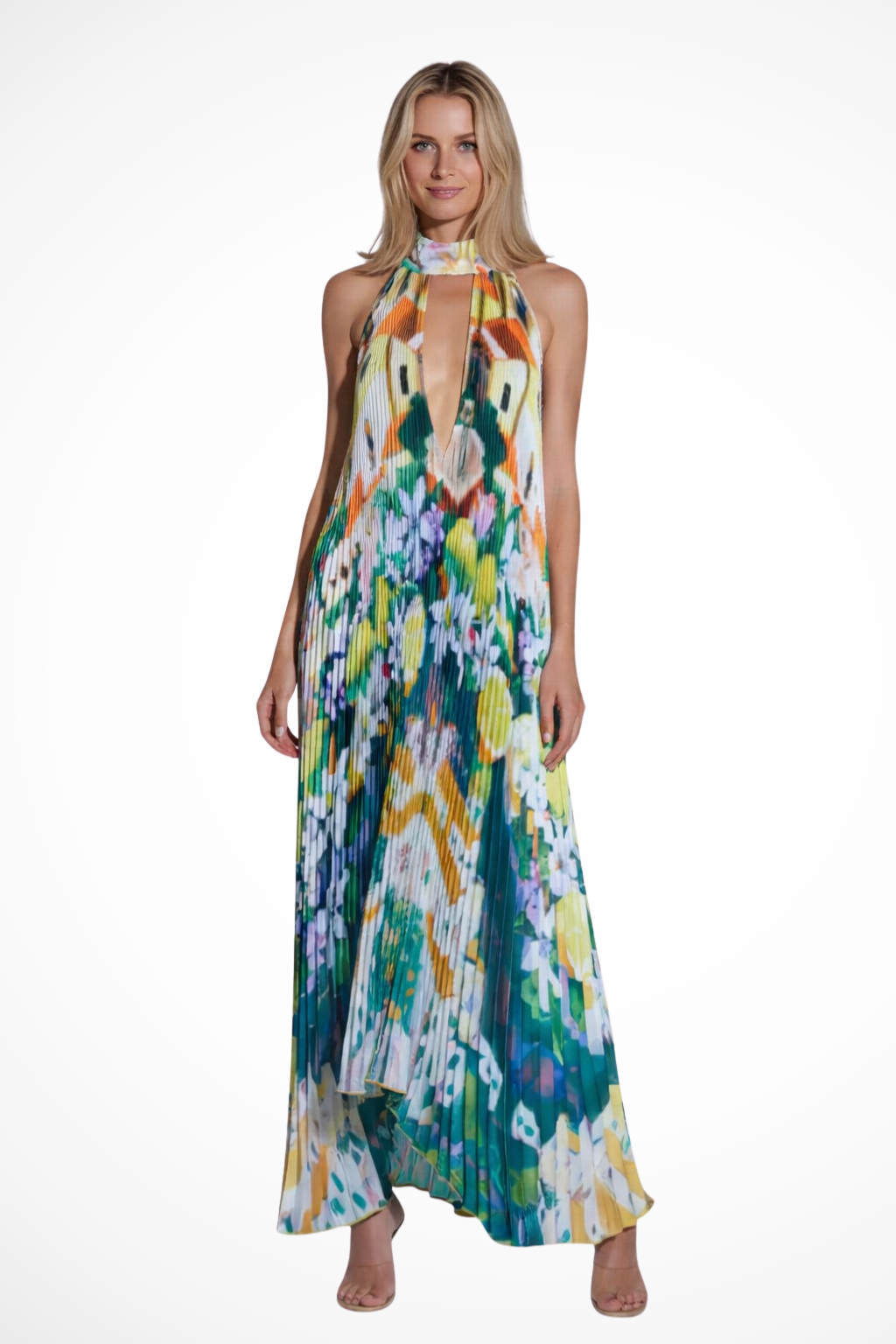 Robe Maxi Halter Élégante | Motif Multicolore et Plissé