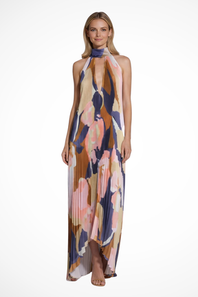 Robe Maxi Halter Élégante | Motif Multicolore et Plissé