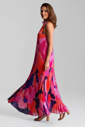 Robe Maxi Halter Élégante | Motif Multicolore et Plissé