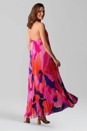 Robe Maxi Halter Élégante | Motif Multicolore et Plissé