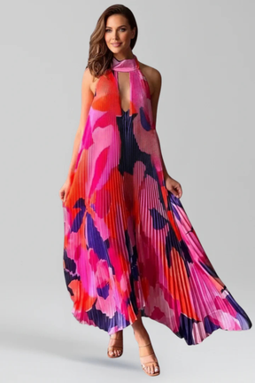 Robe Maxi Halter Élégante | Motif Multicolore et Plissé