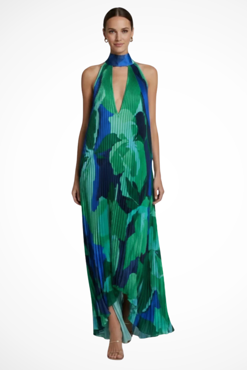 Robe Maxi Halter Élégante | Motif Multicolore et Plissé