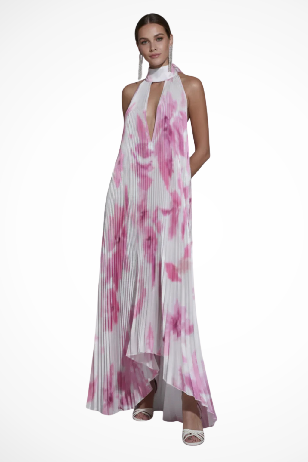 Robe Maxi Halter Élégante | Motif Multicolore et Plissé