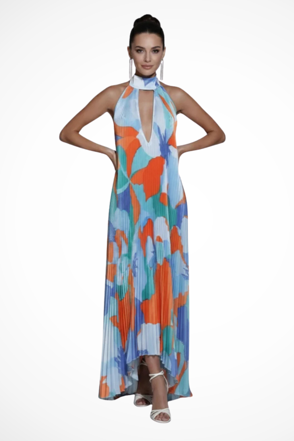 Robe Maxi Halter Élégante | Motif Multicolore et Plissé