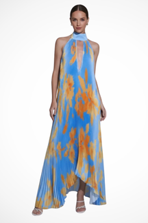 Robe Maxi Halter Élégante | Motif Multicolore et Plissé