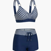 Maillot de bain deux pièces nylon rayé short de bain col rond