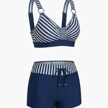 Maillot de bain deux pièces nylon rayé short de bain col rond