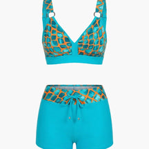 Maillot de bain deux pièces nylon rayé short de bain col rond