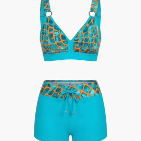 Maillot de bain deux pièces nylon rayé short de bain col rond