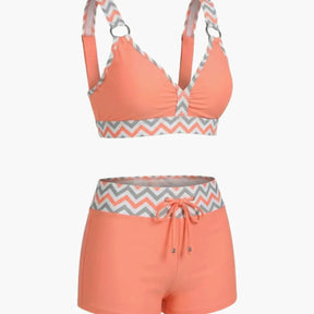 Maillot de bain deux pièces nylon rayé short de bain col rond