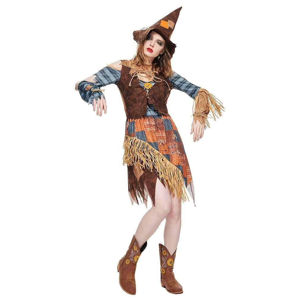 Robe de Scarecrow Halloween pour Femmes - Costume à Épaules Dégagées et Confortable