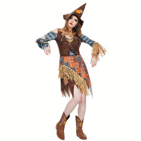 Robe de Scarecrow Halloween pour Femmes - Costume à Épaules Dégagées et Confortable