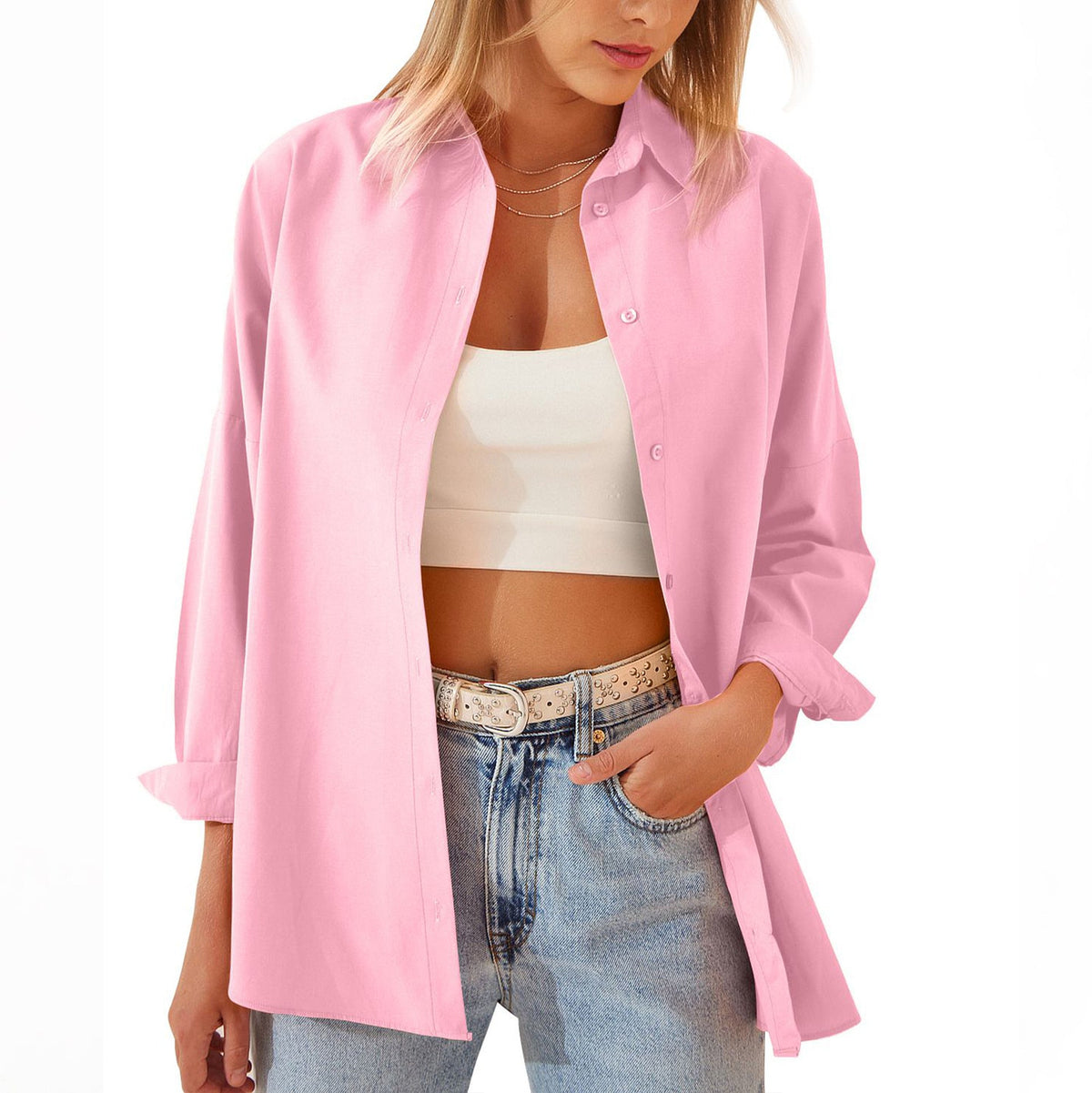 Chemise Oversize à Boutons pour Femmes - Tissu Léger et Manches Retroussées