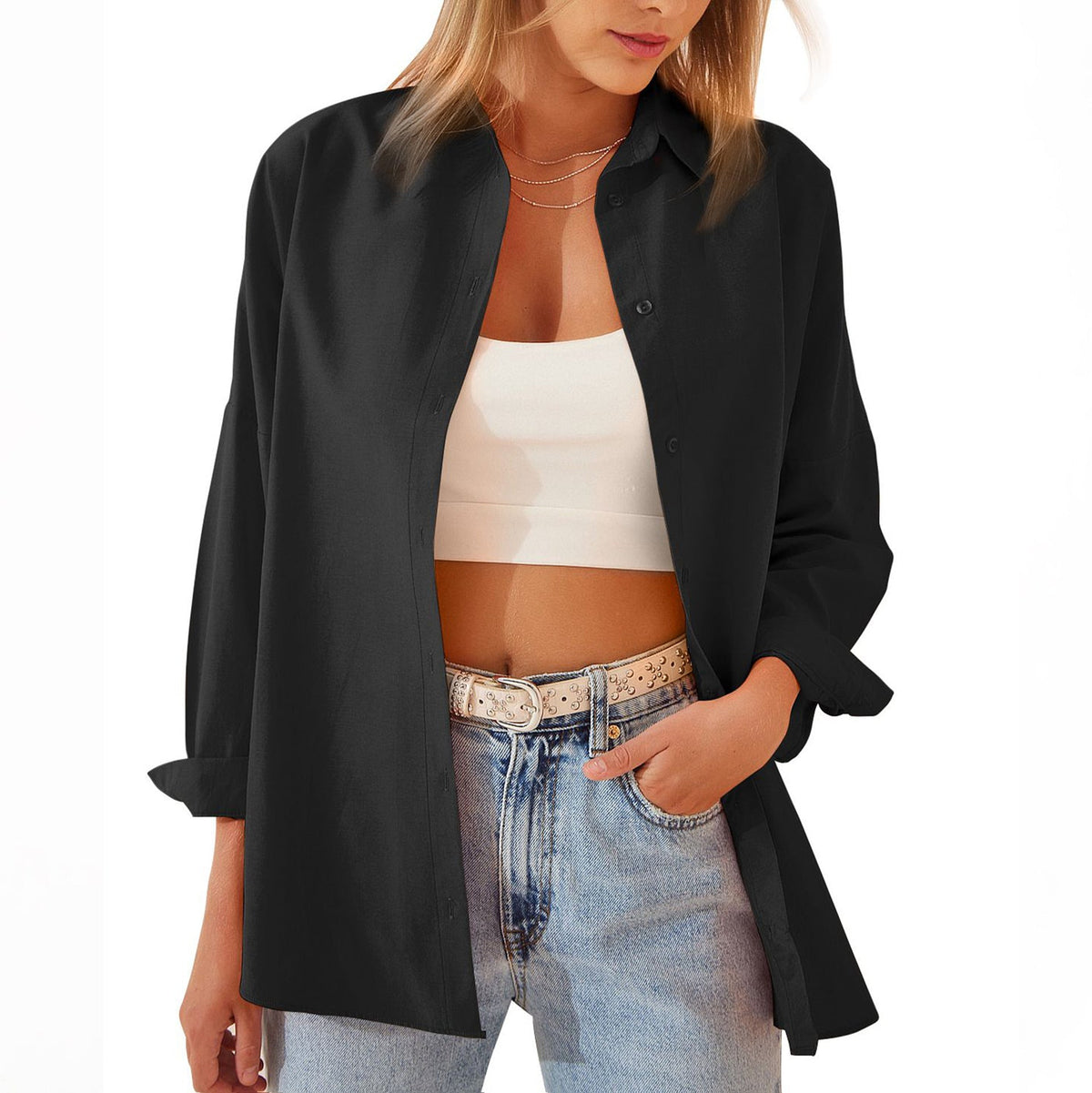 Chemise Oversize à Boutons pour Femmes - Tissu Léger et Manches Retroussées