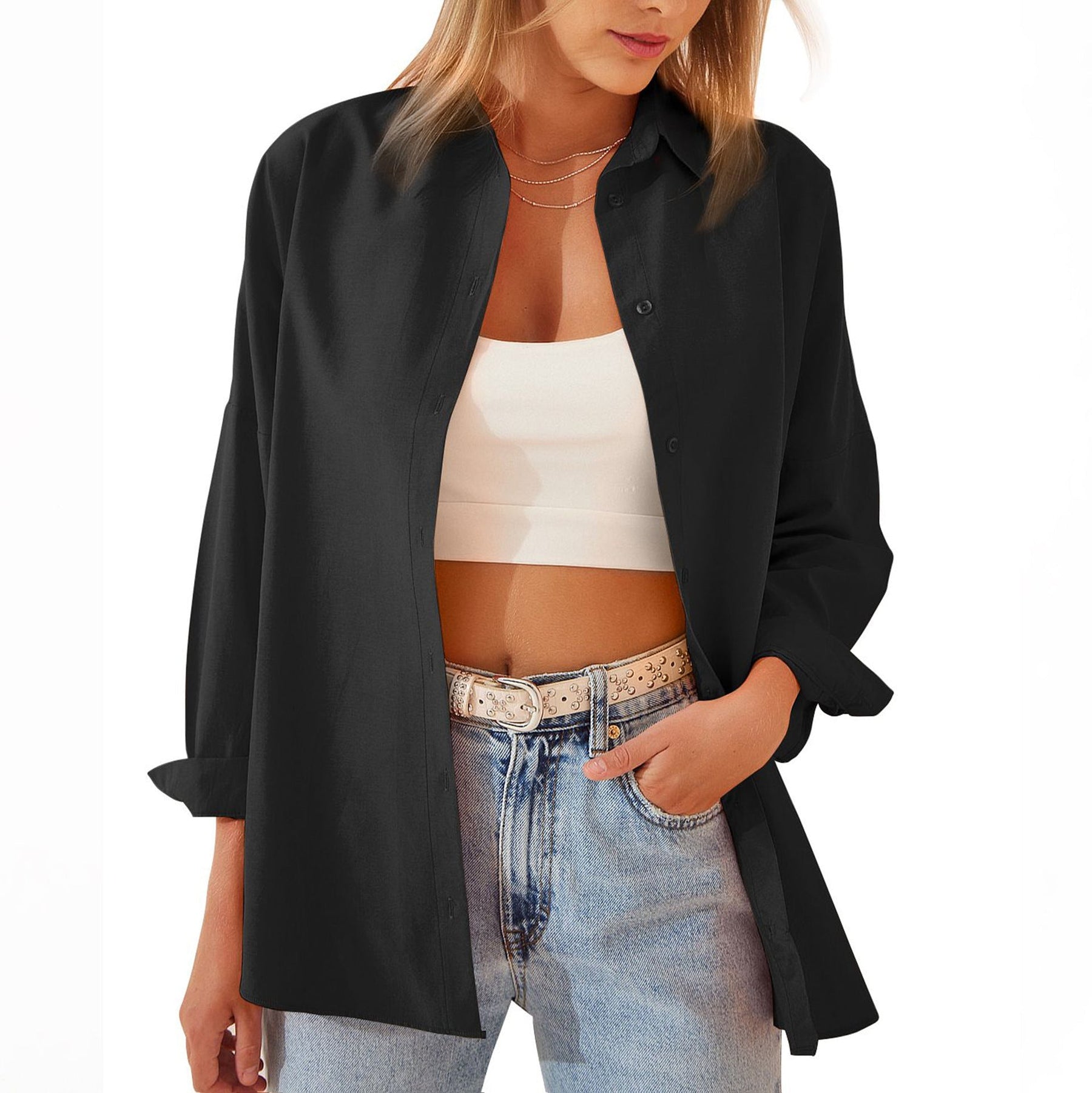 Chemise Oversize à Boutons pour Femmes - Tissu Léger et Manches Retroussées