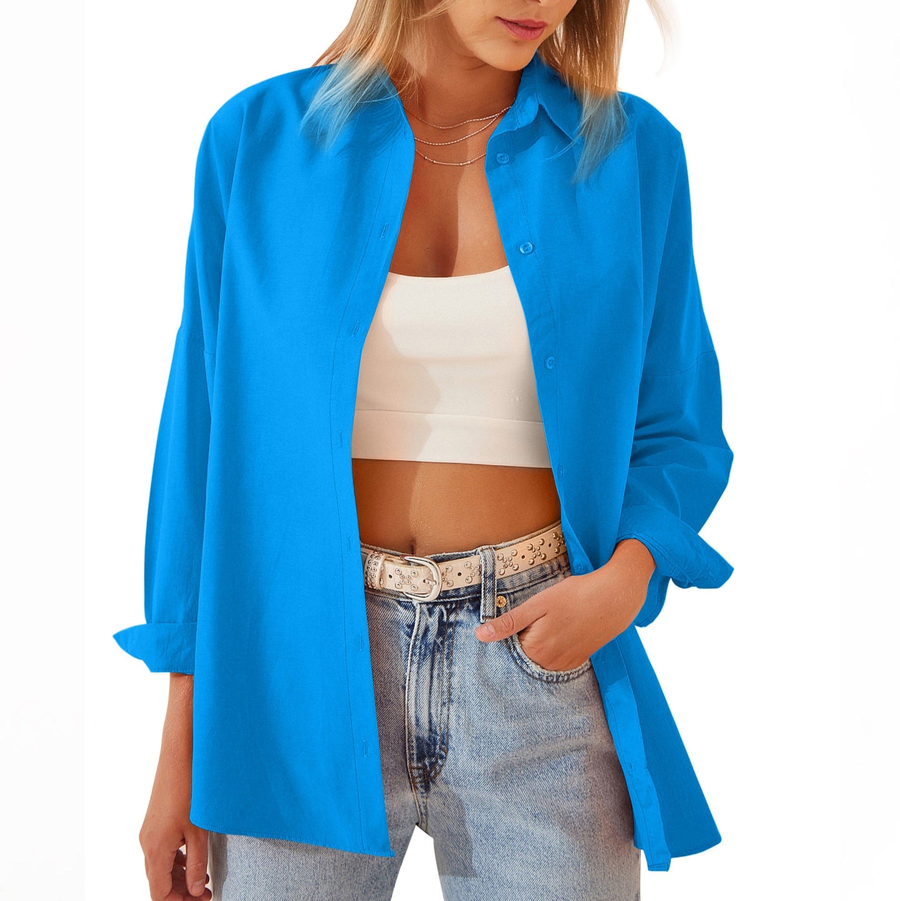 Chemise Oversize à Boutons pour Femmes - Tissu Léger et Manches Retroussées