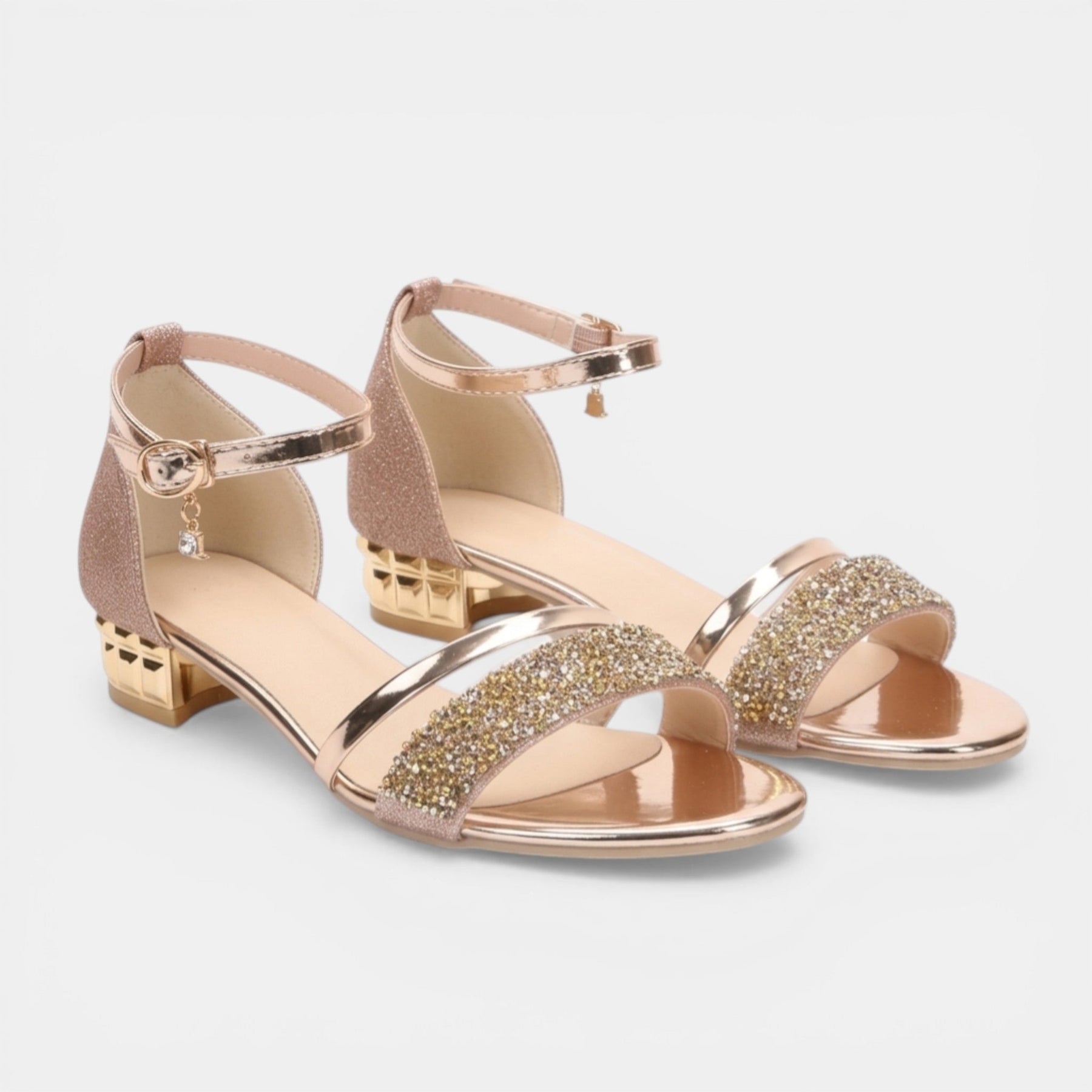 Sandales bout ouvert bride cheville réglable talon bloc accents métalliques femme