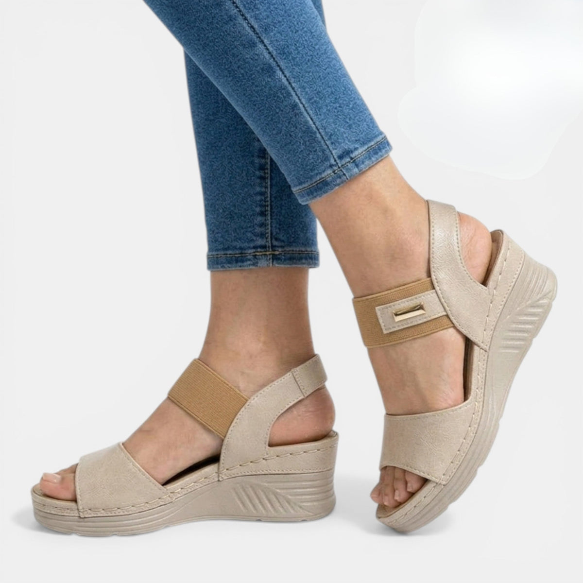 Sandales compensées cuir synthétique bout ouvert double bride femme