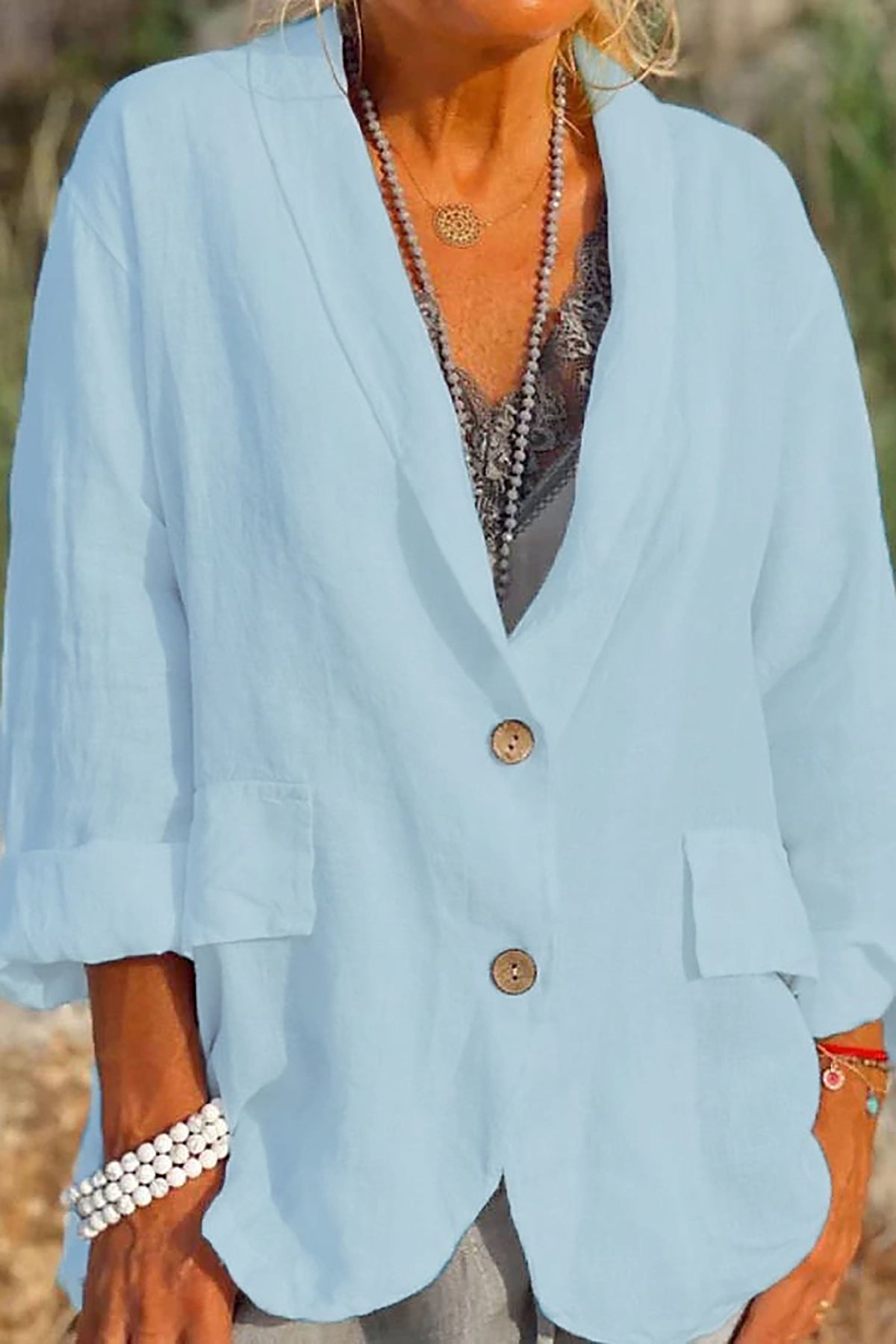 Veste en Lin Femme Décontractée - Col en V et Manches 3/4