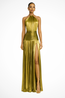 Robe de Soirée Satinée Femme | Col Halter et Jupe Plissée
