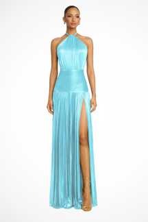 Robe de Soirée Satinée Femme | Col Halter et Jupe Plissée