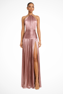 Robe de Soirée Satinée Femme | Col Halter et Jupe Plissée
