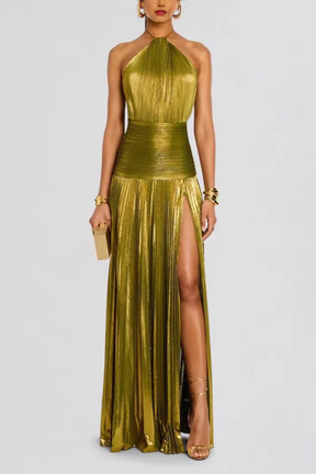Robe de Soirée Satinée Femme | Col Halter et Jupe Plissée