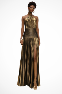 Robe de Soirée Satinée Femme | Col Halter et Jupe Plissée