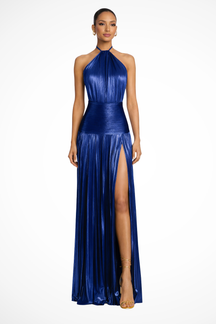 Robe de Soirée Satinée Femme | Col Halter et Jupe Plissée