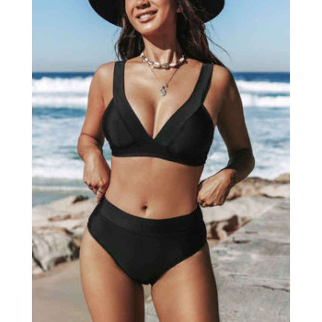 Maillot de bain une pièce taille haute uni gainant femme encolure haute raffinée