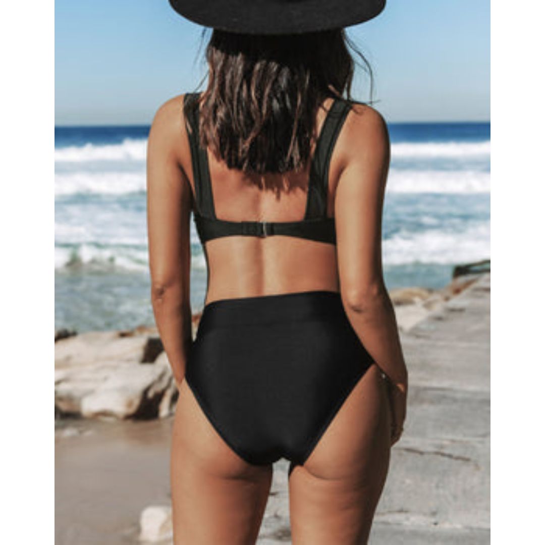 Maillot de bain une pièce taille haute uni gainant femme encolure haute raffinée