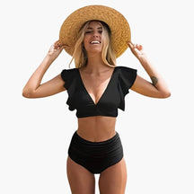 Maillot deux pièces taille haute manches volantées espiègle femme