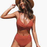 Maillot deux pièces taille haute stretch col rond bretelles réglables