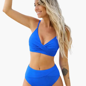 Maillot deux pièces taille haute stretch col rond bretelles réglables