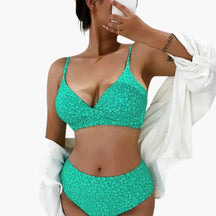 Maillot deux pièces taille haute stretch col rond bretelles réglables