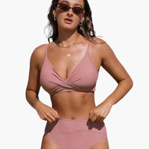 Maillot deux pièces taille haute stretch col rond bretelles réglables
