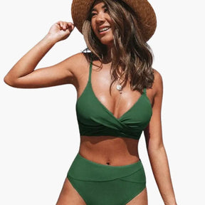 Maillot deux pièces taille haute stretch col rond bretelles réglables