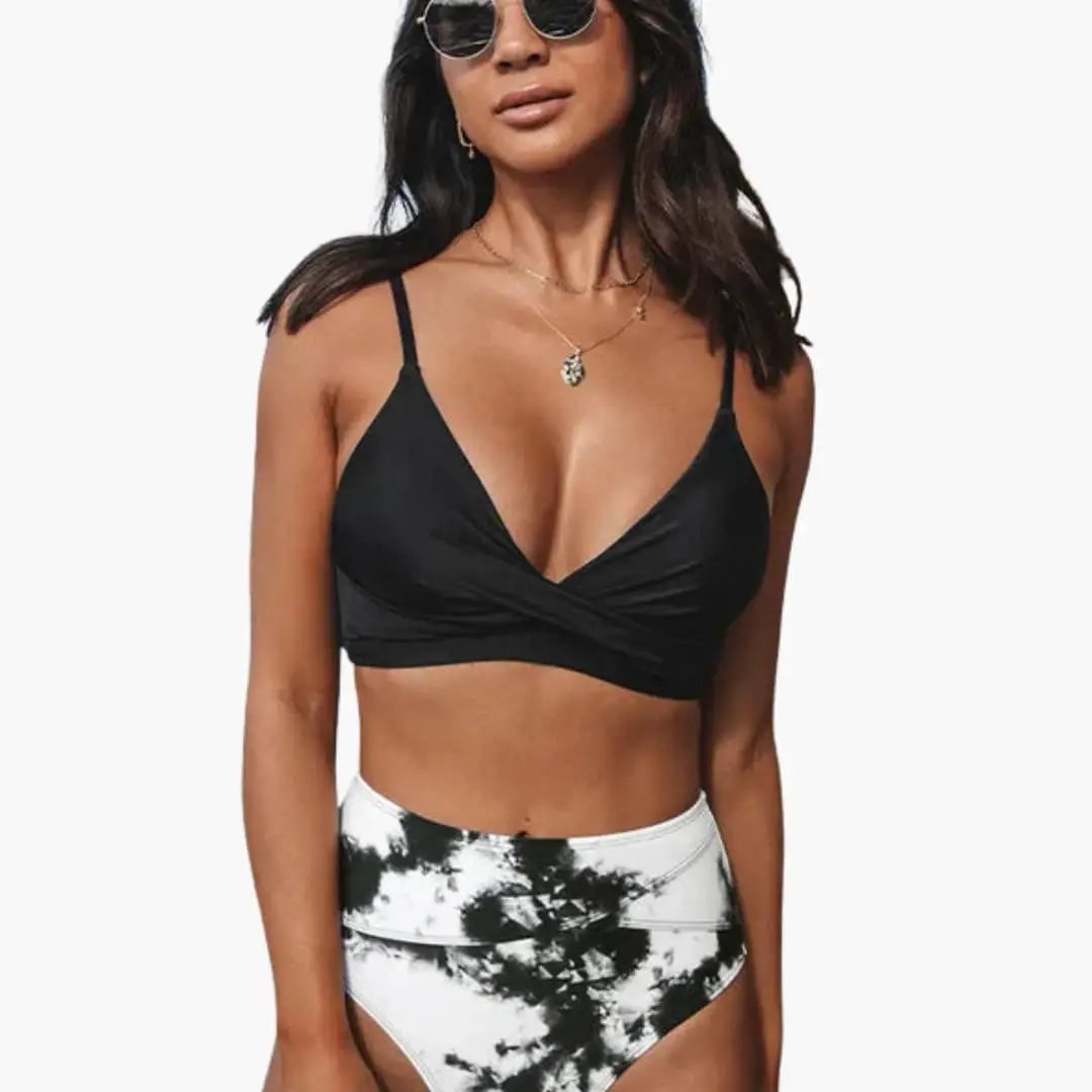 Maillot deux pièces taille haute stretch col rond bretelles réglables